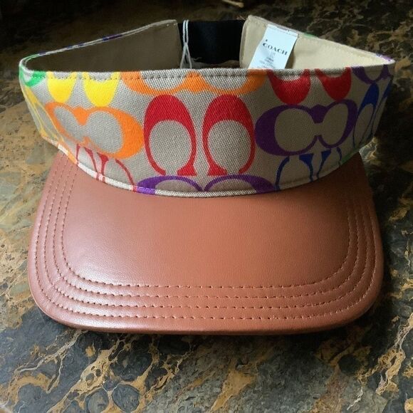 NWT COACH RAINBOW SIGNATURE COTTON/LEATHER VISOR NEW WITH TAG - Picture 2 of 9
